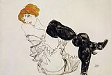 Egon Schiele Famous Paintings - Woman in Black Stockings